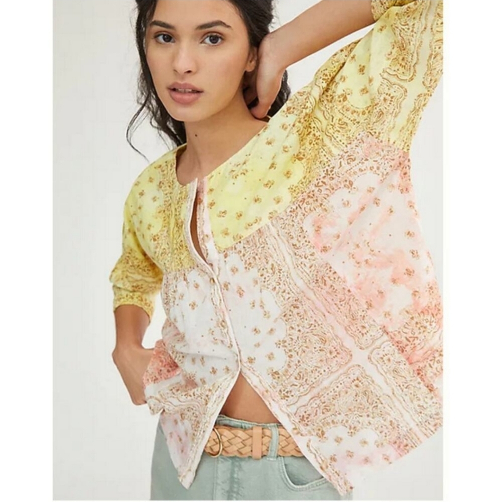 Anthropologie Pilcro Tavi Batik Boho Bandana Print Button Down Blouse Top - Picture 1 of 9